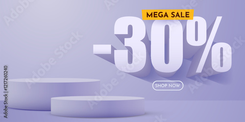 30 percent Off. Discount creative composition. Product presentation, mock up, podium. Sale banner and poster. Vector illustration.