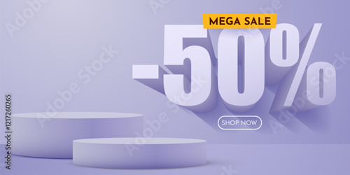 50 percent Off. Discount creative composition. Product presentation, mock up, podium. Sale banner and poster. Vector illustration.