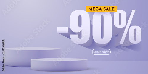 90 percent Off. Discount creative composition. Product presentation, mock up, podium. Sale banner and poster. Vector illustration.