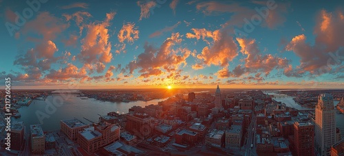 With the sun setting, an aerial shot reveals Providence's skyline, the capital of Rhode Island. Dating back to 1636, it is one of the oldest cities in the United States photo