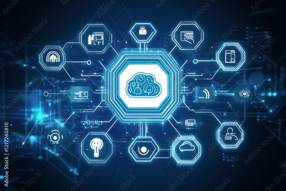 A blue screen with many icons and a cloud in the middle A blue screen with many icons and a cloud in the middle