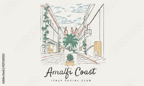 Amalfi coast art. Summer vibes artwork. Italy city graphic print design. Enjoy beach life. Beach good vibes. Beach old city abstract art. Enjoy beach life. Building hand sketch.