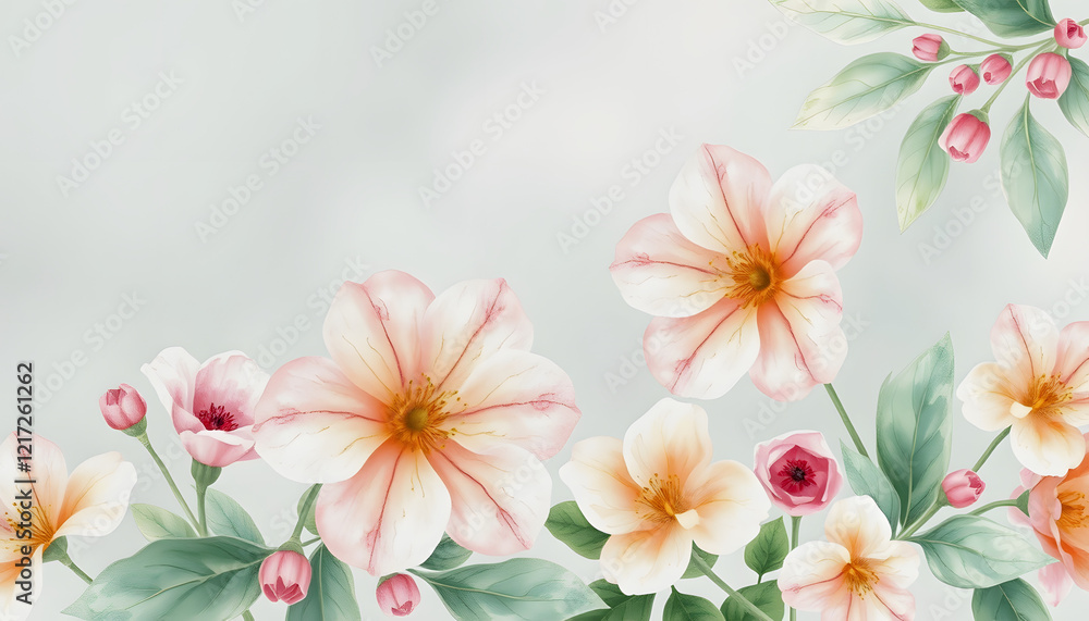 Flowers and leaves, watercolor, can be used as greeting card, invitation card for wedding, birthday and other holiday and summer background, smooth light, with white tones Flowers and leaves, watercolor, can be used as greeting card, invitation card for wedding, birthday and other holiday and summer background, smooth light, with white tones