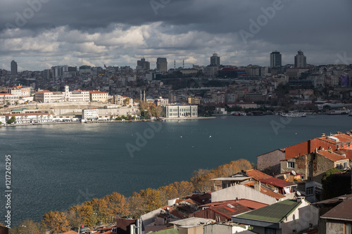 Panorama view of Istanbul from the Fatih district near the Yavuz Sultan Selim Mosque, Turkey. Golden horn, clouds, ferries and roofs photo