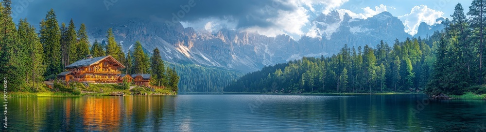 Misurina lake showcases a stunning view with Sorapiss Dolomitic Group behind it and an impressive cloudy sky. Located in the Sexten Dolomites near Cortina d'Ampezzo, Italy. Europe Misurina lake showcases a stunning view with Sorapiss Dolomitic Group behind it and an impressive cloudy sky. Located in the Sexten Dolomites near Cortina d'Ampezzo, Italy. Europe
