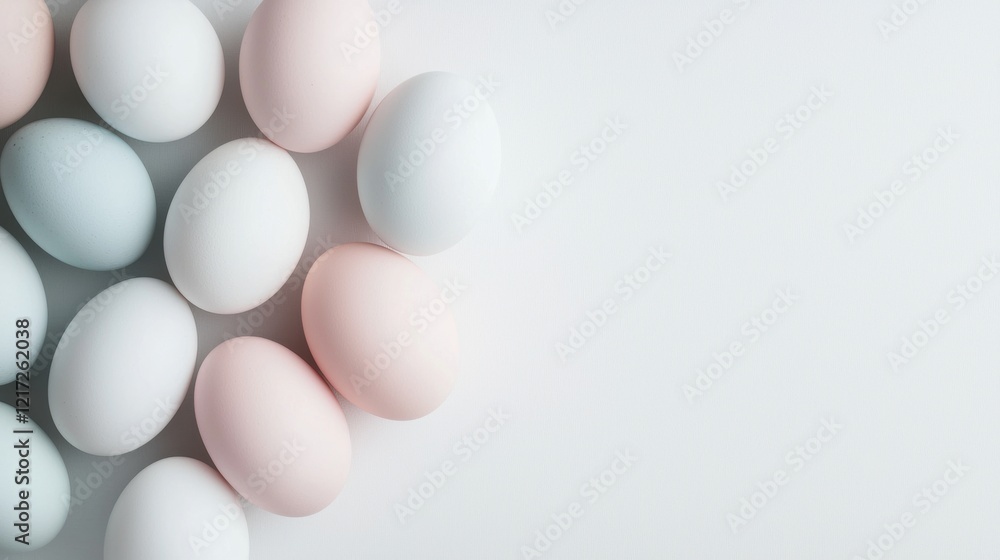 Group of white eggs arranged in a scattered manner on a plain white background. the eggs are of different sizes and colors - one is light blue, one is pink, and one is white.
