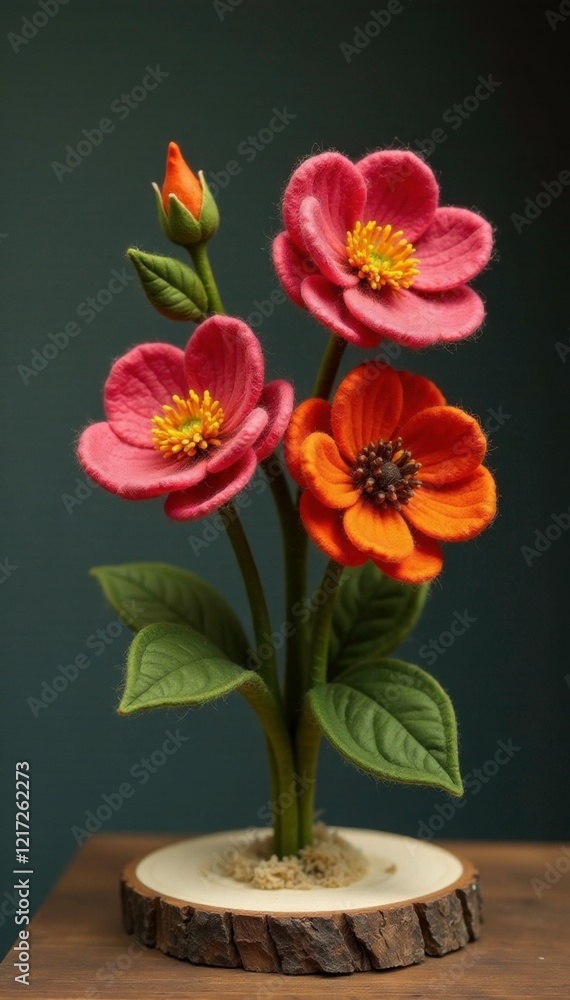 Felted wool flowers on a wooden base with earthy tones, earthy tones, organic look, fiber art Felted wool flowers on a wooden base with earthy tones, earthy tones, organic look, fiber art