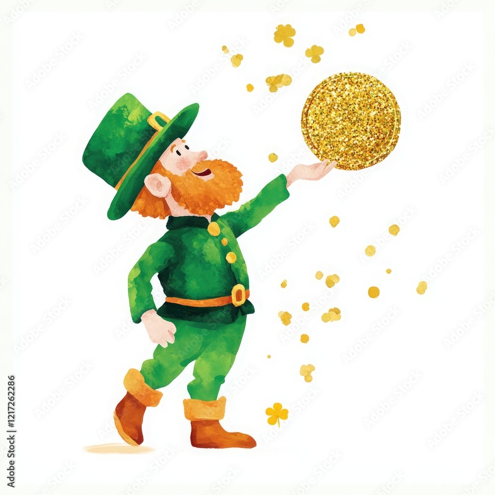 Fototapeta premium Cheerful Leprechaun with Glittering Coin