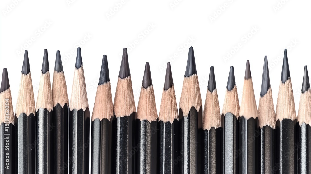 Naklejka premium Set of sharpened black pencils arranged neatly against a white background.