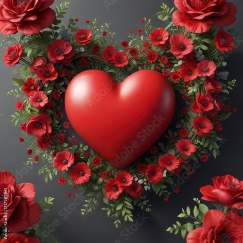 Illustration of a red heart with floral elements, flower patterns, watercolor effects, cute designs
