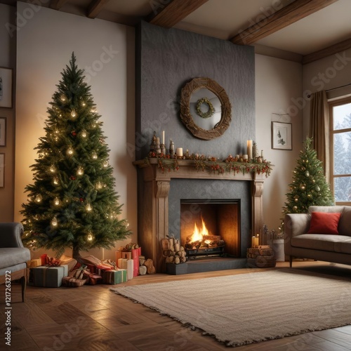 Wallpaper Mural A cozy living room with a Christmas tree and fireplace , Warm Ambiance, Bookshelf, Cozy Living Room Torontodigital.ca