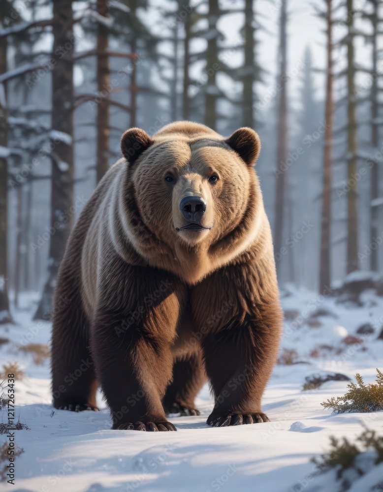 Large Arctic brown bear standing in snowy forest landscape, snow, northern lands Large Arctic brown bear standing in snowy forest landscape, snow, northern lands