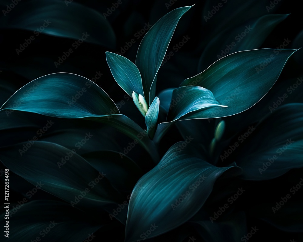 Dark teal leaves, budding flowers, garden, close-up; nature background Dark teal leaves, budding flowers, garden, close-up; nature background