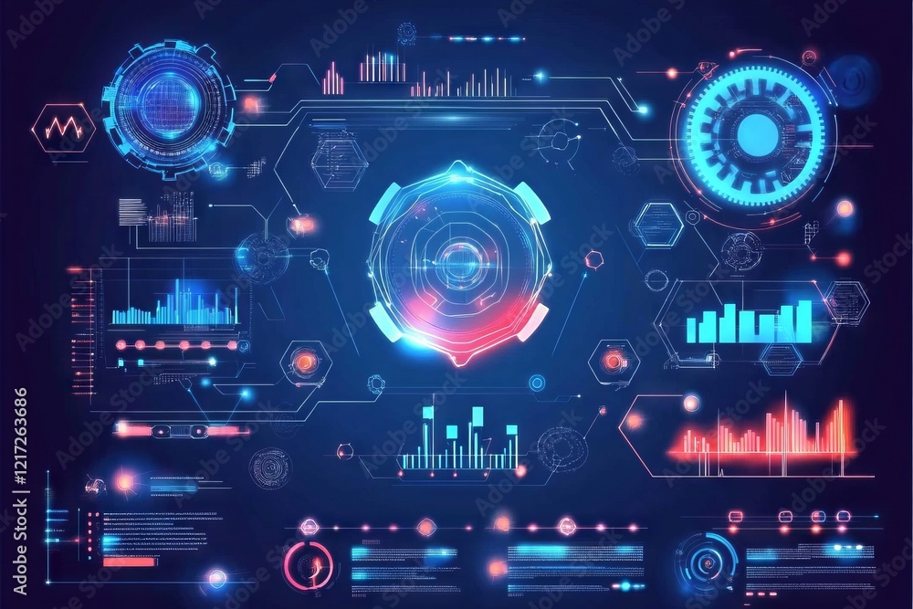 A computer monitor with a blue screen showing a lot of different colored circles