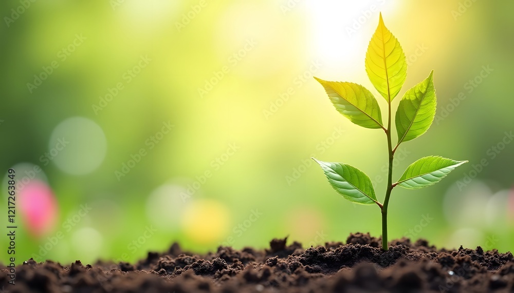 A young green sprout emerges from the dark soil in sunlight representing growth A young green sprout emerges from the dark soil in sunlight representing growth