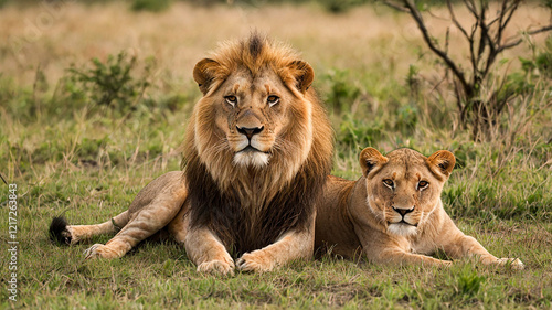 Wallpaper Mural Horizontal portrait of male lion with big mane and a lion cub Torontodigital.ca