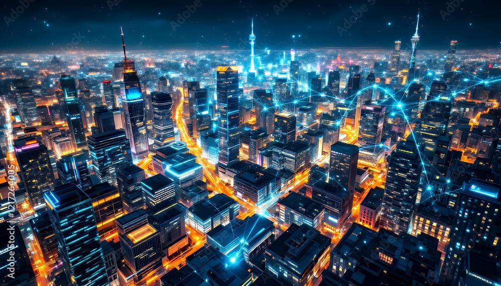 Fototapeta premium Night Cityscape Illuminated Network Connections