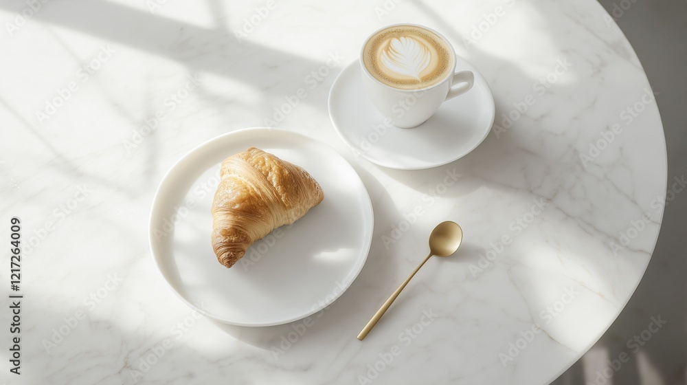 delicate croissant and cappuccino pairing served on marble table with minimalist white plate and golden spoon delicate croissant and cappuccino pairing served on marble table with minimalist white plate and golden spoon