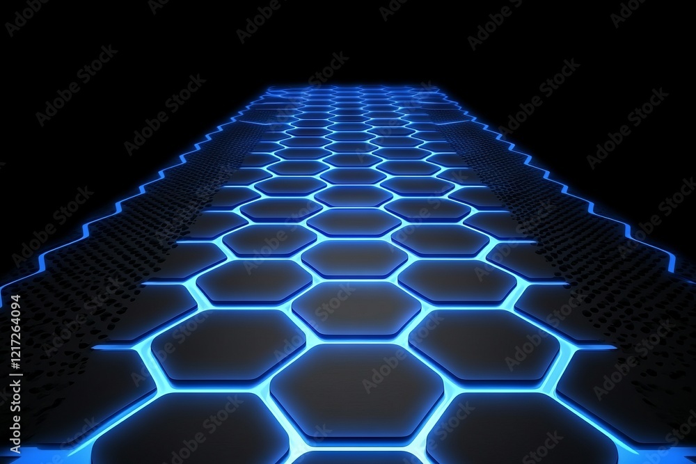 Obraz premium A blue hexagonal tile pattern is shown on a black background