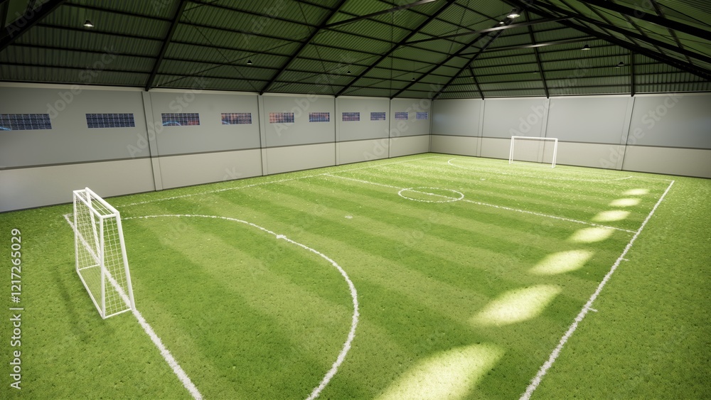 Fototapeta premium Visualization of a Modern Indoor Mini soccer Futsal Facility with Synthetic Grass Field, Steel Roof Framework, and Wall-Mounted Ventilation Panels