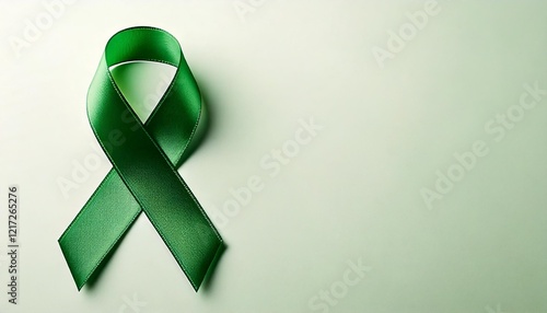 Close up photo of a green ribbon with plain color background
