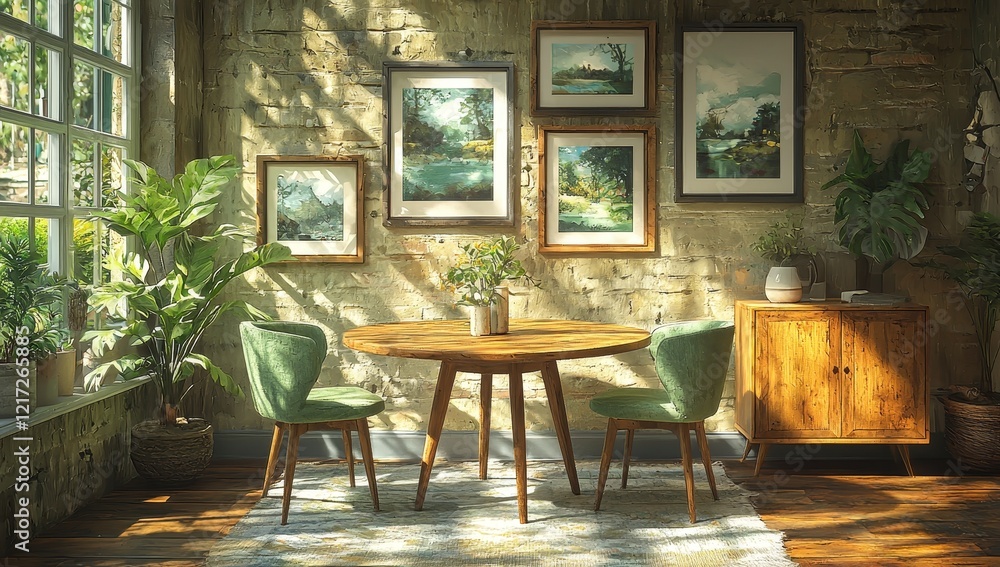 Obraz premium A Scandinavian-designed room features a round wooden dining table flanked by mint-green chairs