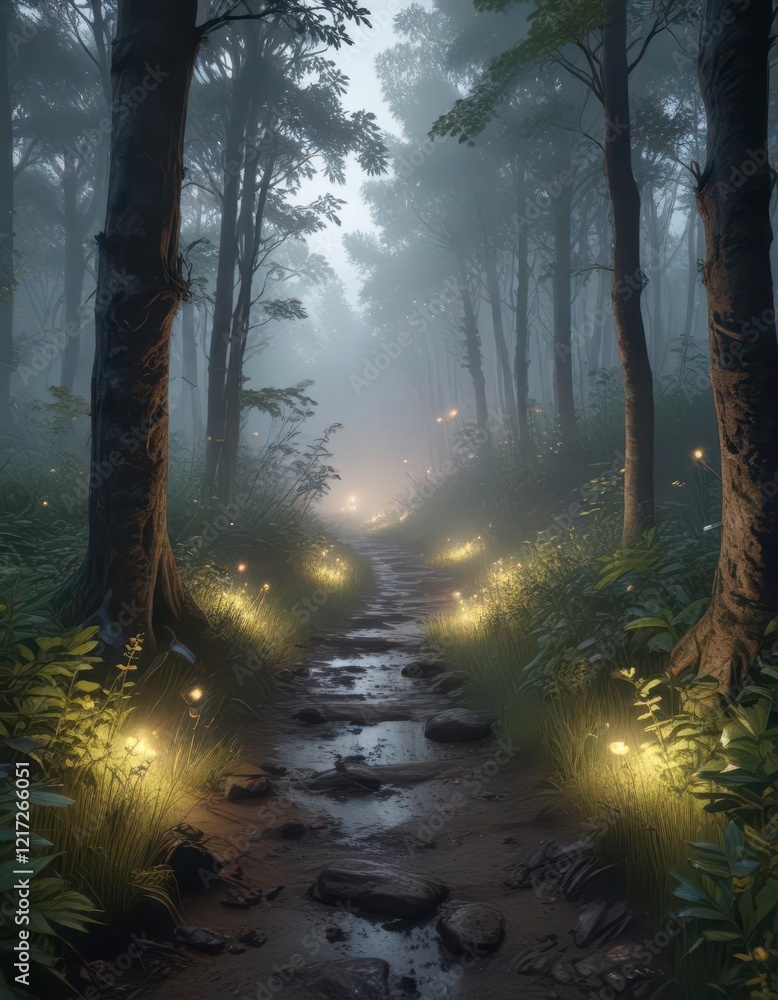 Obraz premium Misty forest trail with overgrown foliage and twinkling fireflies, insects, forest