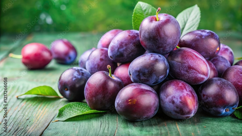 Fototapeta premium A cluster of purple plums on a green background, organic, kitchen