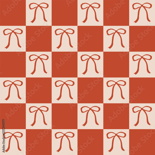 Geometric checkered pattern with simple bows. Vintage vector flat background with ribbons. Groovy and trendy retro illustration in coquette aesthetic