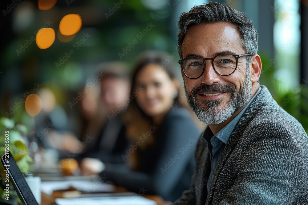 Fototapeta premium In an office setting, a team of young entrepreneurs sits at a table, sharing innovative thoughts and chuckling as they brainstorm