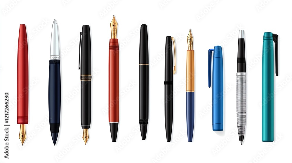 A variety of elegant pens displayed on a white isolated background for a sophisticated look. A variety of elegant pens displayed on a white isolated background for a sophisticated look.