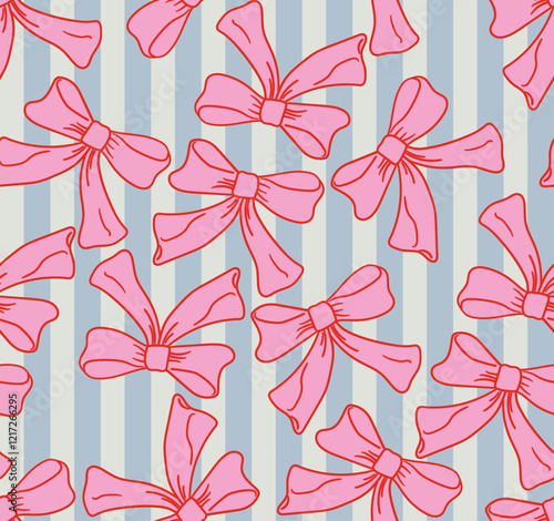 Vintage seamless pattern with pink bows and stripes. Vector flat background with hand drawn ribbon bowknots. Retro coquette aesthetic