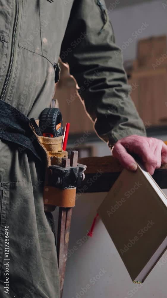 Close-up of a carpenter tools and his hands in carpentry. A man puts tool in his bag. Tool of an unrecognizable carpenter or handyman. Close-up of a carpenter in uniform standing in a carpentry shop. Close-up of a carpenter tools and his hands in carpentry. A man puts tool in his bag. Tool of an unrecognizable carpenter or handyman. Close-up of a carpenter in uniform standing in a carpentry shop.