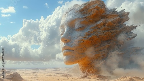 A dreamlike portrait of a woman whose visage merges with the desert, integrating human elements with abstract, sandy textures
