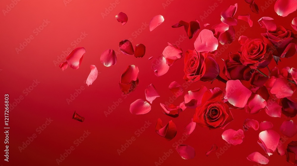 Obraz premium Love in Bloom: A Stunning Display of Passionate Red Roses and Delicate Petals, Adorning a Rich Crimson Canvas, Symbolizing the Beauty and Joy of Love.