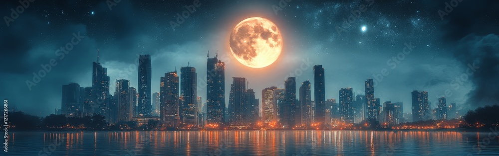 Fototapeta premium A city skyline under a full moon surrounded by stars, symbolizing calm and beauty. Perfect for travel, cityscapes, and night photography.
