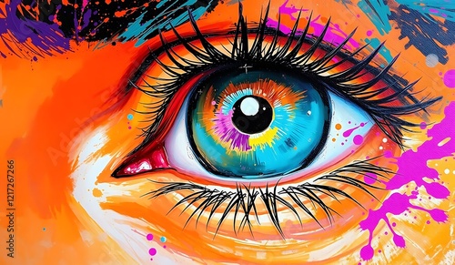 Vibrant close-up eye painting with abstract colors, realistic iris, rainbow splatter, long lashes, intense gaze, neon accents, pop art style, surreal street art, Oil painting in colorful colors.