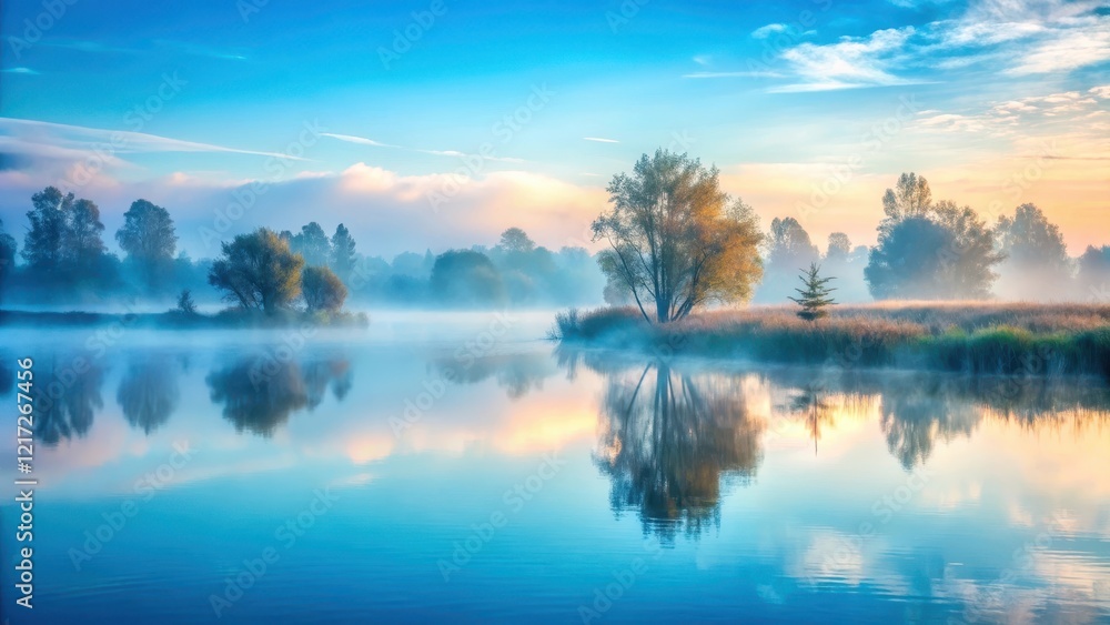 Fototapeta premium Misty Morning Landscape with Soft Blue Haze, serene atmosphere, calming scene, serene atmosphere