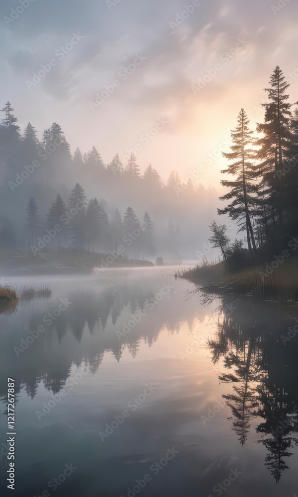 Fototapeta premium Misty dawn on misty lake with soft watercolor brush strokes, gentle ripples, tranquil, mist