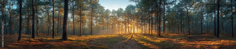 Obraz premium Ein Waldpanorama, in dem die Sonne durch die Bäume fällt