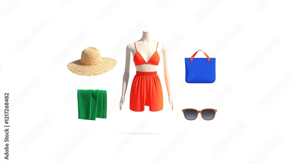 Bright summer outfit displayed with accessories including hat, bag, towel, and sunglasses on a white background. Bright summer outfit displayed with accessories including hat, bag, towel, and sunglasses on a white background.