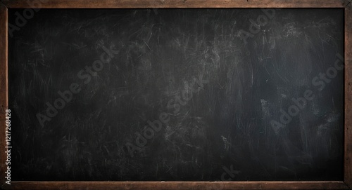 Dark black textured chalkboard with white chalk stains in the aged wooden frame. Grunge blackboard texture wallpaper design. Dirty black board wall background.