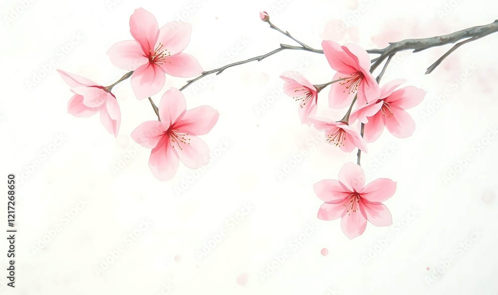 Fototapeta premium Delicate cherry blossoms in soft pink, graceful branch, watercolor with pastel tones. Minimalist, Japanese-inspired floral elegance, dreamy sakura flowers, gentle brushstrokes