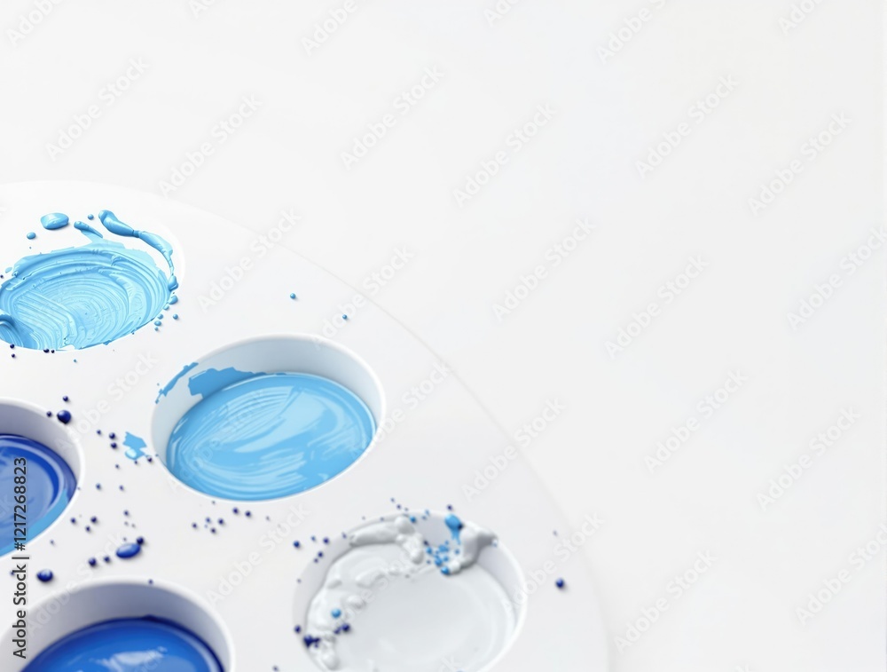 Fototapeta premium A close-up of a blue paint palette with different shades of blue paints , artistic tool, palette, colors