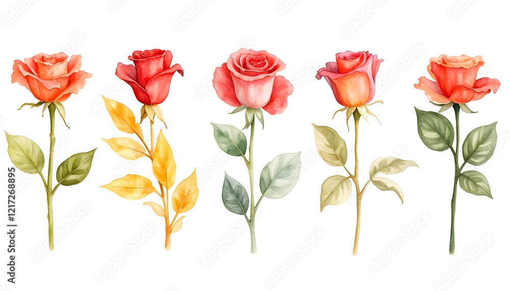 Obraz premium Five Watercolor Roses Floral Arrangement Botanical Illustration