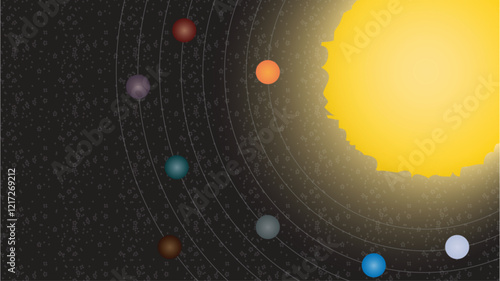 Solar System Planets Orbiting Sun Illustration/
The sun is depicted as a large on the right side of the image, while the planets are shown as various colored spheres following elliptical orbits.