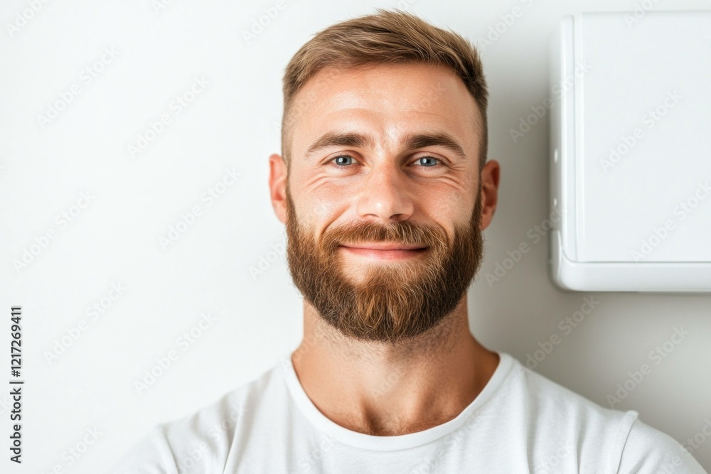 Fototapeta premium Smiling man with a beard in a white t shirt and vibrant blue eyes, showcasing a warm expression against a light background, ideal for health and lifestyle imagery