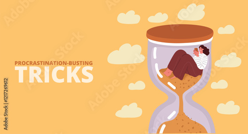 Vector illustration of a woman sitting inside an hourglass with a phone, battling procrastination