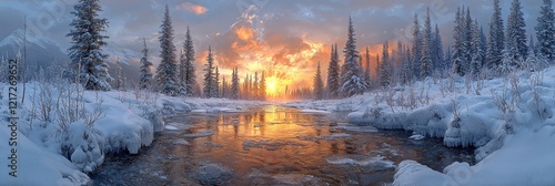A winter snow-covered landscape bathed in the glow of sunset, with a frozen river and clouds, marking the winter solstice