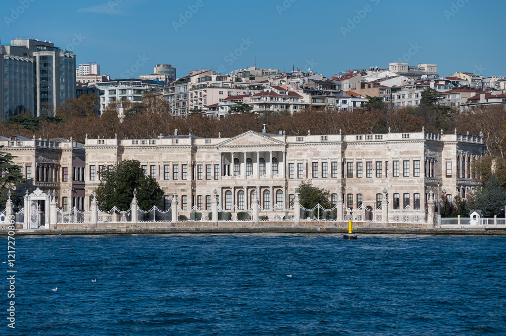 Dolmabahce Palace in Istanbul, Turkey. View from Bosporus, Besiktas district. Sunny day Dolmabahce Palace in Istanbul, Turkey. View from Bosporus, Besiktas district. Sunny day